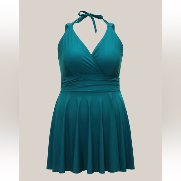 BloomChic Plus Size 2XL Solid Ruffle Hem Empire Waist Halter Neck Swim Dress - Picture 6 of 10